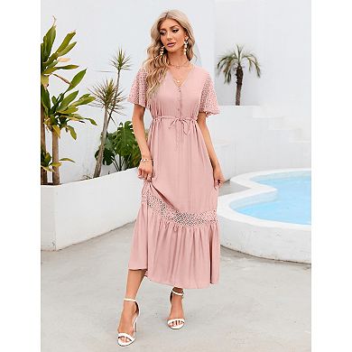 Women's Lace Short Sleeve Maxi Dress V Neck High Elastic Waist Casual Flowy Beach Dress