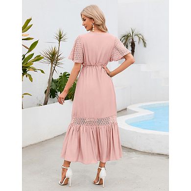 Women's Lace Short Sleeve Maxi Dress V Neck High Elastic Waist Casual Flowy Beach Dress