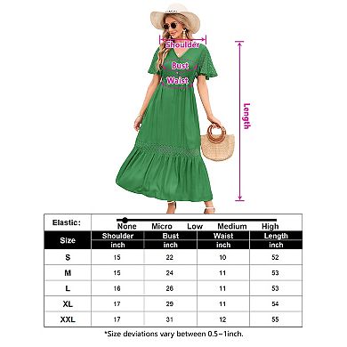 Women's Lace Short Sleeve Maxi Dress V Neck High Elastic Waist Casual Flowy Beach Dress