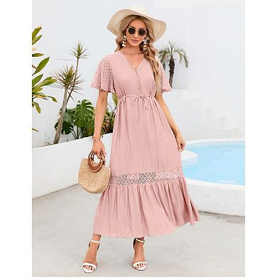 Women's Lace Short Sleeve Maxi Dress V Neck High Elastic Waist Casual Flowy Beach Dress