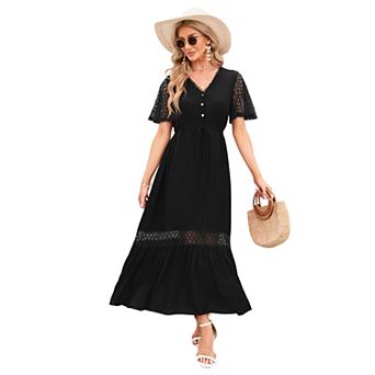 Women's Lace Short Sleeve Maxi Dress V Neck High Elastic Waist Casual Flowy Beach Dress