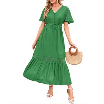 Women's Lace Short Sleeve Maxi Dress V Neck High Elastic Waist Casual Flowy Beach Dress