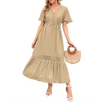 Women's Lace Short Sleeve Maxi Dress V Neck High Elastic Waist Casual Flowy Beach Dress