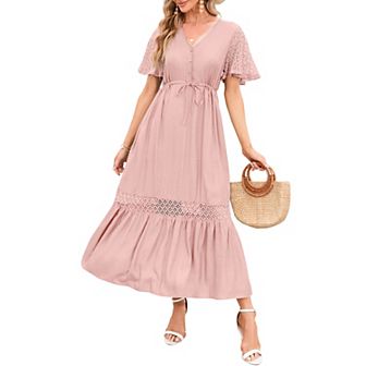 Women's Lace Short Sleeve Maxi Dress V Neck High Elastic Waist Casual Flowy Beach Dress