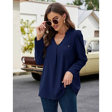 Women's V Neck Blouses 3/4 Puff Sleeve Chiffon Tunic Casual Workwear Loose Shirts Tops With Pocket