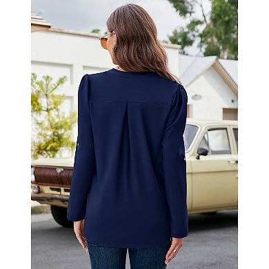 Women's V Neck Blouses 3/4 Puff Sleeve Chiffon Tunic Casual Workwear Loose Shirts Tops With Pocket