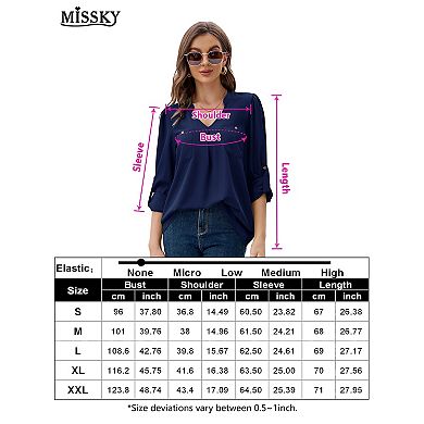 Women's V Neck Blouses 3/4 Puff Sleeve Chiffon Tunic Casual Workwear Loose Shirts Tops With Pocket