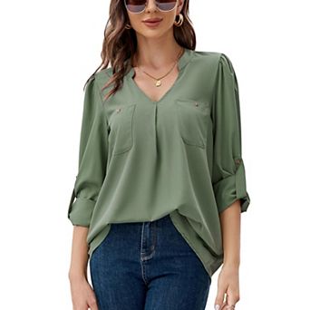 Women's V Neck Blouses 3/4 Puff Sleeve Chiffon Tunic Casual Workwear Loose Shirts Tops With Pocket