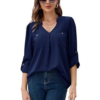 Women's V Neck Blouses 3/4 Puff Sleeve Chiffon Tunic Casual Workwear Loose Shirts Tops With Pocket