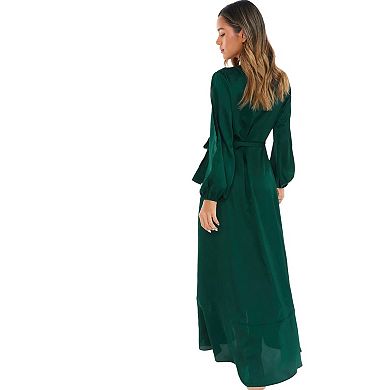 Quiz Women's Satin Wrap Long Sleeve Frill Maxi Dress