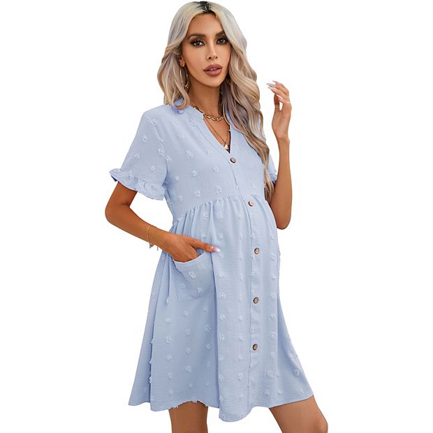 Maternity Swiss Dot Dress Summer V Neck Short Sleeve Button Down