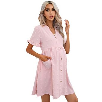 Maternity Swiss Dot Dress Summer V Neck Short Sleeve Button Down Mini Dress With Pockets