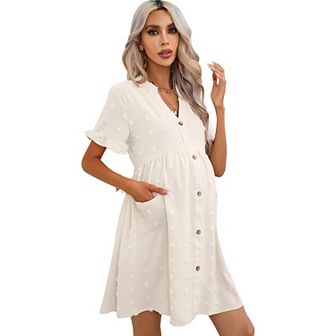 Maternity Swiss Dot Dress Summer V Neck Short Sleeve Button Down Mini Dress With Pockets
