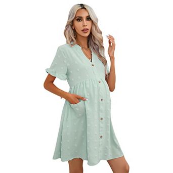 Maternity Swiss Dot Dress Summer V Neck Short Sleeve Button Down Mini Dress With Pockets