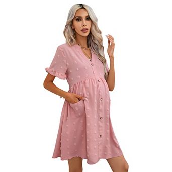 Maternity Swiss Dot Dress Summer V Neck Short Sleeve Button Down Mini Dress With Pockets