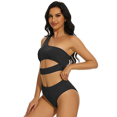 Women High Waisted Bikini Set Ribbed One Shoulder Two Piece Cutout Sleeveless Swimsuits Suit