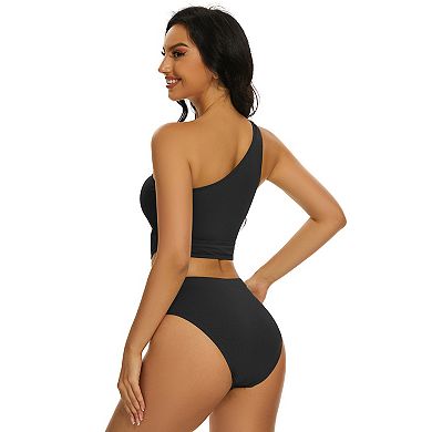 Women High Waisted Bikini Set Ribbed One Shoulder Two Piece Cutout Sleeveless Swimsuits Suit
