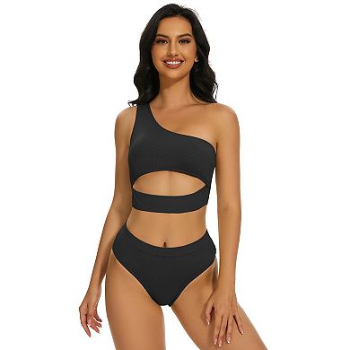 Women High Waisted Bikini Set Ribbed One Shoulder Two Piece Cutout Sleeveless Swimsuits Suit