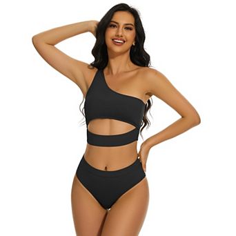 Women High Waisted Bikini Set Ribbed One Shoulder Two Piece Cutout Sleeveless Swimsuits Suit