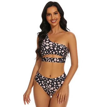 Women High Waisted Bikini Set Ribbed One Shoulder Two Piece Cutout Sleeveless Swimsuits Suit