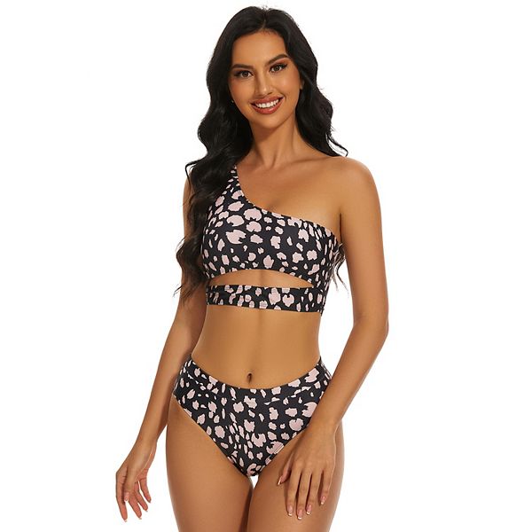 One Shoulder Print Bikinis Set High Waist Swim Suits Bathing Summer Beachwear