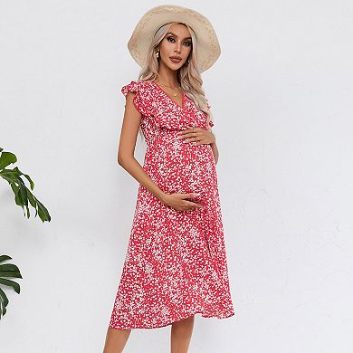 Women's Maternity Dress V Neck Ruffle Sleeve Wrap Summer Casual Floral Flowy Maxi Dress