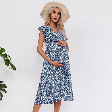 Women's Maternity Dress V Neck Ruffle Sleeve Wrap Summer Casual Floral Flowy Maxi Dress