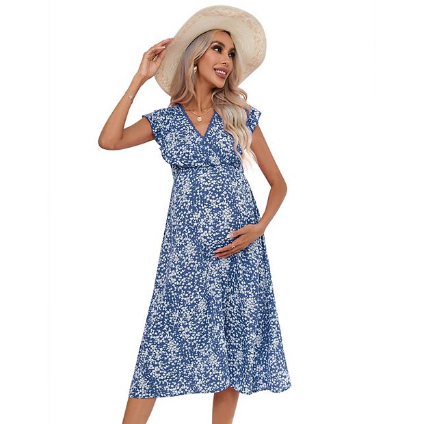 green emerald velvet dress Blue Floral Flowy Ruffle Hem Maternity Maxi Dress main image 0
