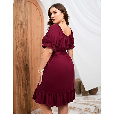 Women's Casual Plus Size Square Neck Short Sleeve Dress High Waist Ruffle Midi Dress With Belt