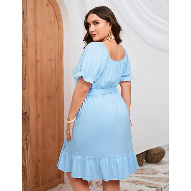 Women's Casual Plus Size Square Neck Short Sleeve Dress High Waist Ruffle Midi Dress With Belt