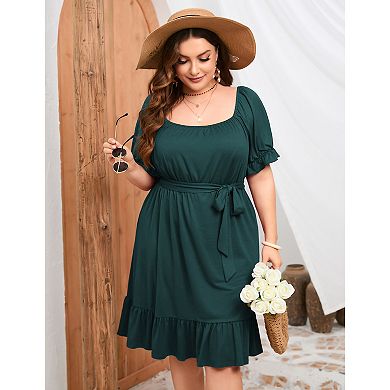 Women's Casual Plus Size Square Neck Short Sleeve Dress High Waist Ruffle Midi Dress With Belt