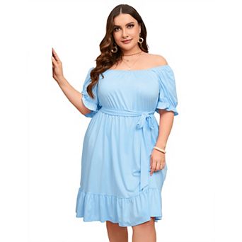 Women's Casual Plus Size Square Neck Short Sleeve Dress High Waist Ruffle Midi Dress With Belt