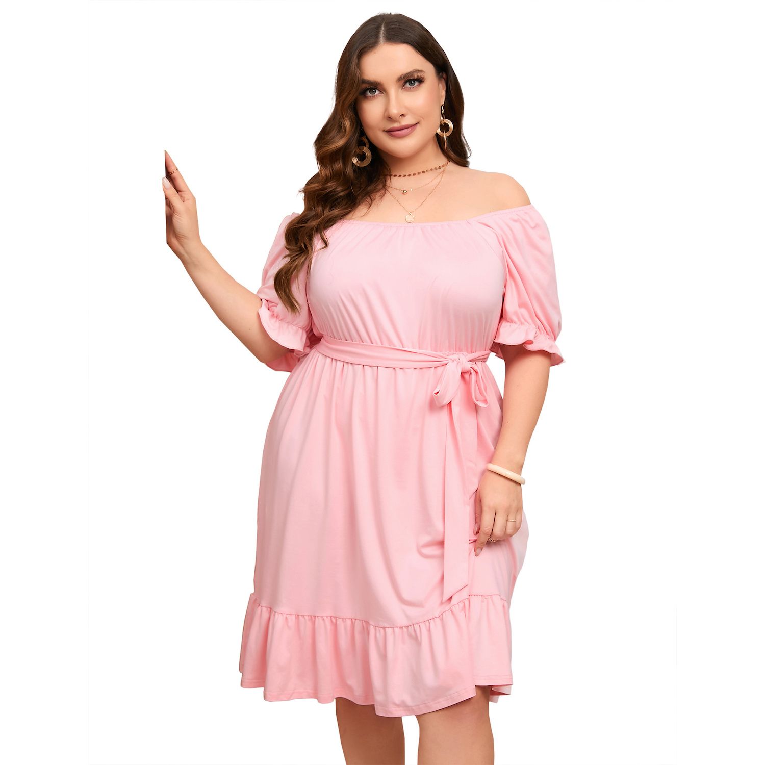 Women's Casual Plus Size Square Neck Short Sleeve Dress High Waist Ruffle  Midi Dress With Belt