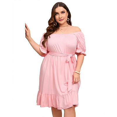 Women's Casual Plus Size Square Neck Short Sleeve Dress High Waist Ruffle  Midi Dress With Belt