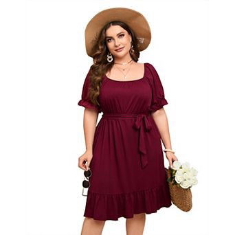 Women's Casual Plus Size Square Neck Short Sleeve Dress High Waist Ruffle Midi Dress With Belt