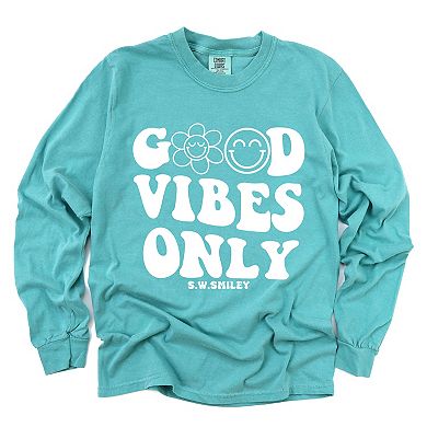 Simply Sage Market S.W.Smiley Good Vibes Only Smiley Face Garment Dyed Long Sleeve
