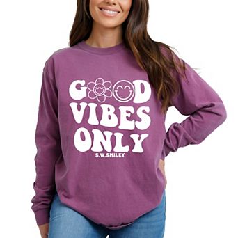 Simply Sage Market S.W.Smiley Good Vibes Only Smiley Face Garment Dyed Long Sleeve