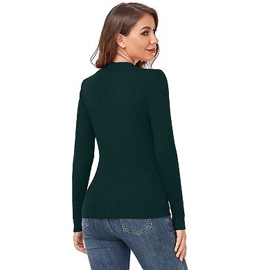 Women's Knitted Ribbed Knitted Tops Sexy V Neck Long Sleeve Sweater