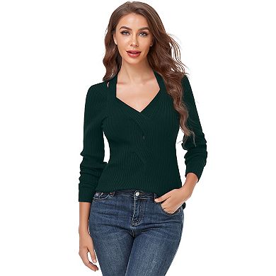 Women's Knitted Ribbed Knitted Tops Sexy V Neck Long Sleeve Sweater