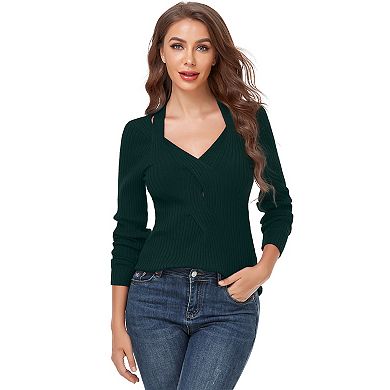 Women's Knitted Ribbed Knitted Tops Charming V Neck Long Sleeve Sweater