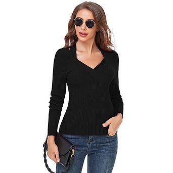 Women's Knitted Ribbed Knitted Tops Charming V Neck Long Sleeve Sweater