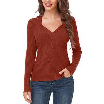 Women's Knitted Ribbed Knitted Tops Charming V Neck Long Sleeve Sweater