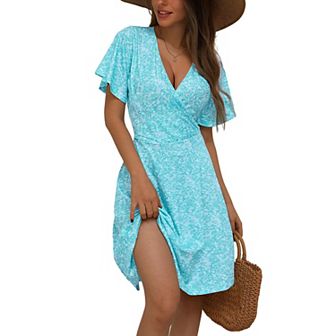 Womens Sundress Summer Floral Short Sleeve Wrap V Neck A-line Midi Dress