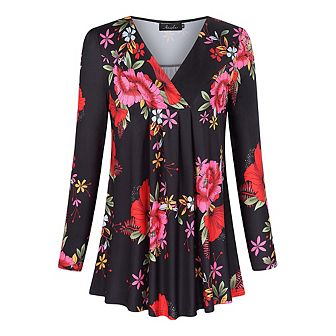 Women's Plus Size Long Sleeve V Neck Tee Shirt Pleated Tops Flowy Loose Blouse Casual Tunic Shirt