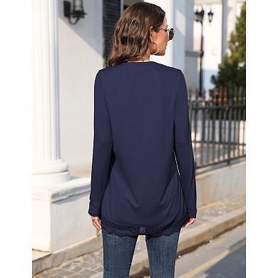 Long Sleeve Tunic Tops For Women Plus Size Square Neck T Shirt Solid Color Fall Lace Blouse