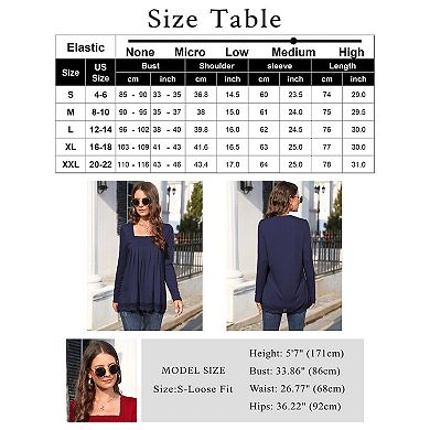 Long Sleeve Tunic Tops For Women Plus Size Square Neck T Shirt Solid Color Fall Lace Blouse