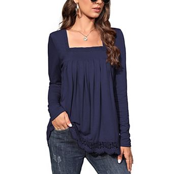 Long Sleeve Tunic Tops For Women Plus Size Square Neck T Shirt Solid Color Fall Lace Blouse
