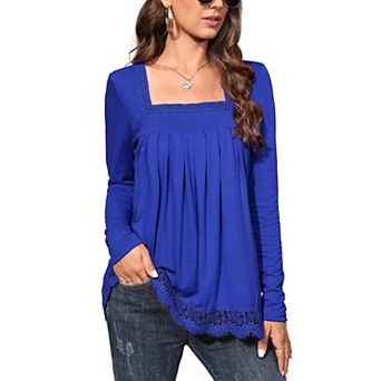 Long Sleeve Tunic Tops For Women Plus Size Square Neck T Shirt Solid Color Fall Lace Blouse