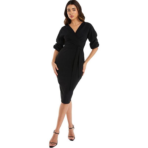 Quiz Women's Ruched Sleeve Midi Dress With Tie Waist Belt