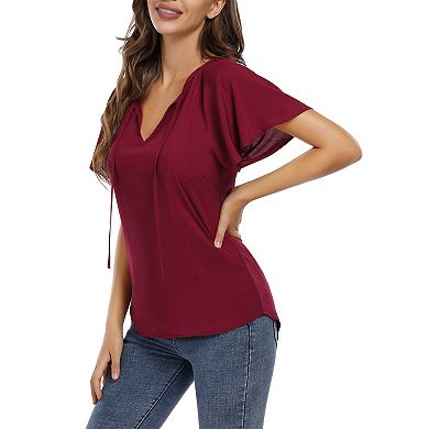 Women Causal Drawstring Blouse,v Neck Short Sleeve Black Tunic Tops